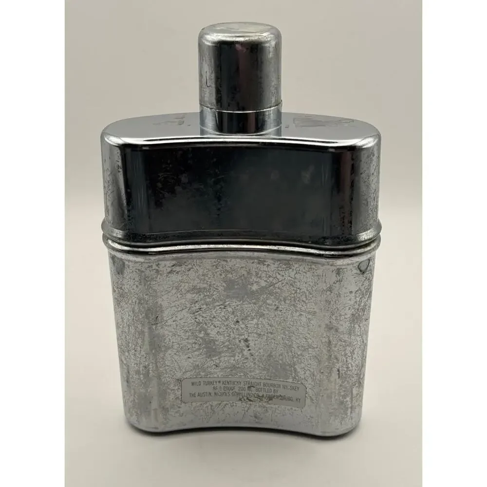 Wild Turkey Logo Chrome Metal Pocket Flask Screw Cap Vintage Barware Display
